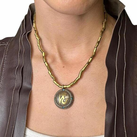Boho Tibetan Hindu gold tone pendant with African metal bead necklace - Picture 1 of 3